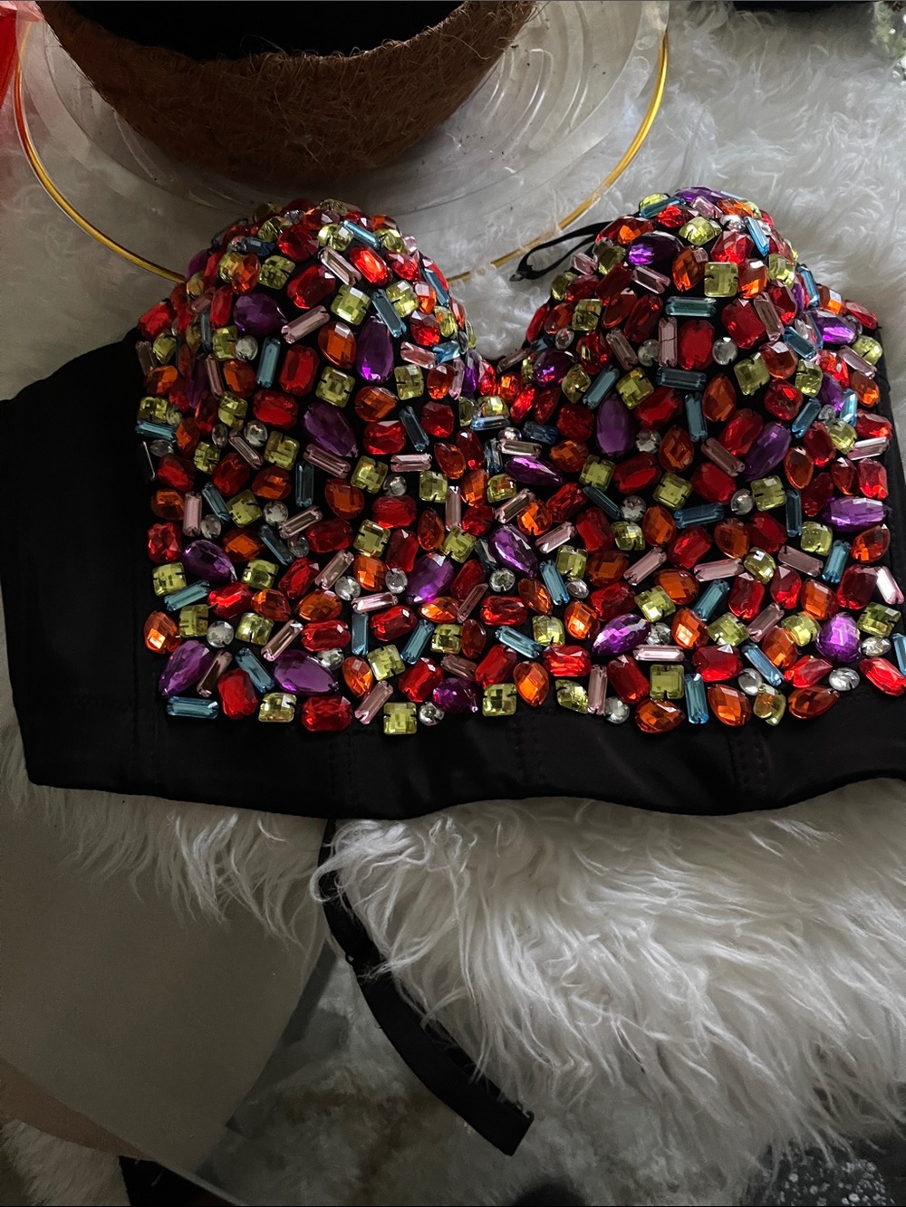 Embellished Black Bustier Top with Multicolor Gem Accents